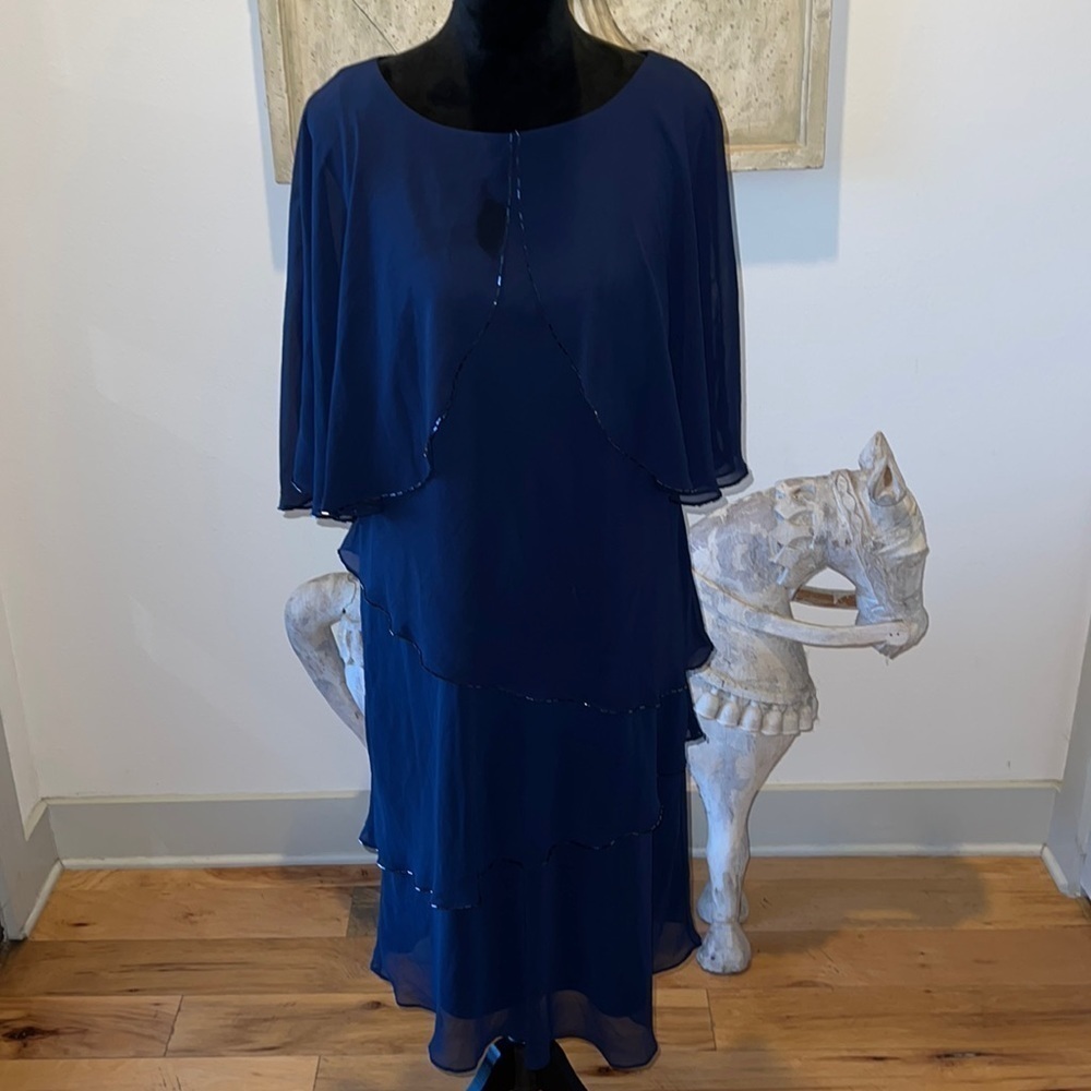 Ignite Evenings georgette tiered beaded dress blue Sz 14‎